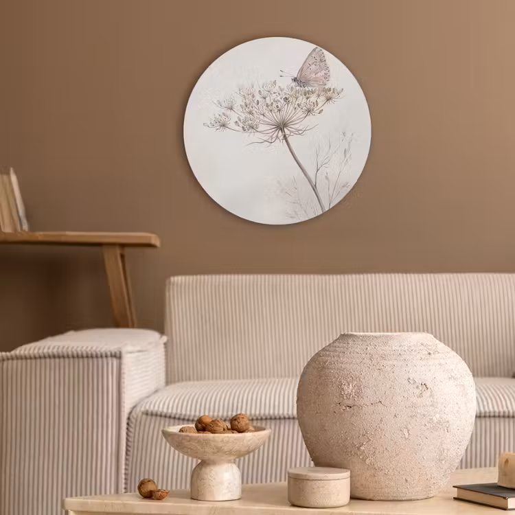 Vlinder - Bloem -Natuur - Beige Akoestische PET Vilt - Rond klein -sfeer1