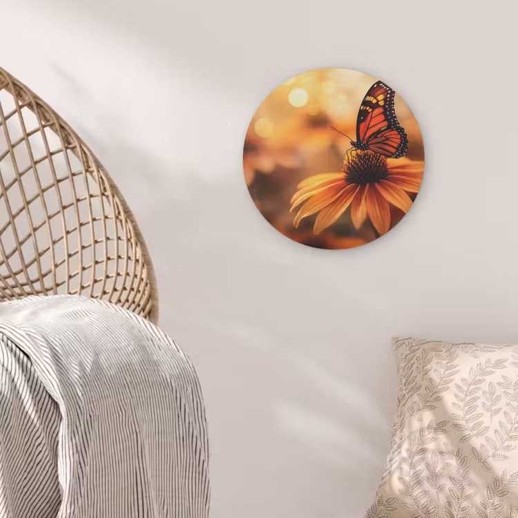Vlinder - Bloemen - Oranje Akoestische PET Vilt - Rond klein -sfeer4