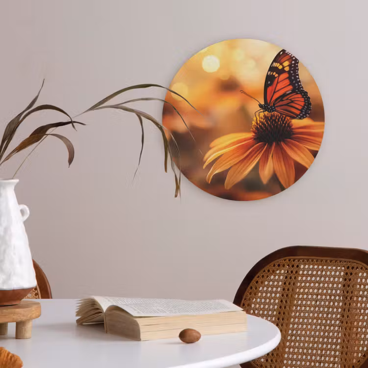 Vlinder - Bloemen - Oranje Akoestische PET Vilt - Rond klein -sfeer3