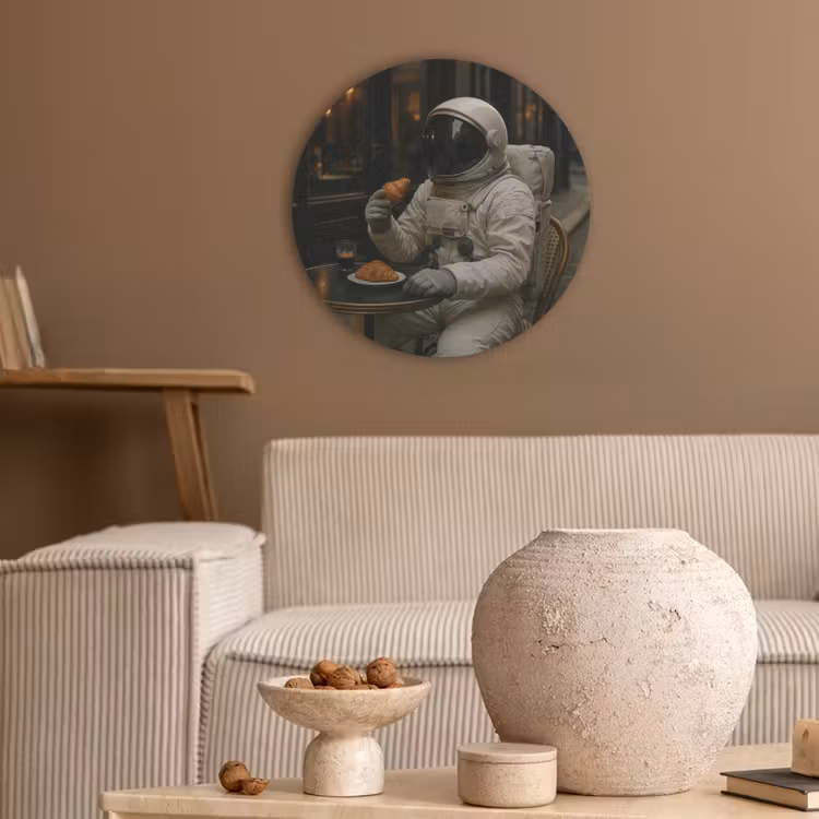 Café - Croissant - Koffie - Astronaut Akoestische PET Vilt - Rond klein -sfeer1