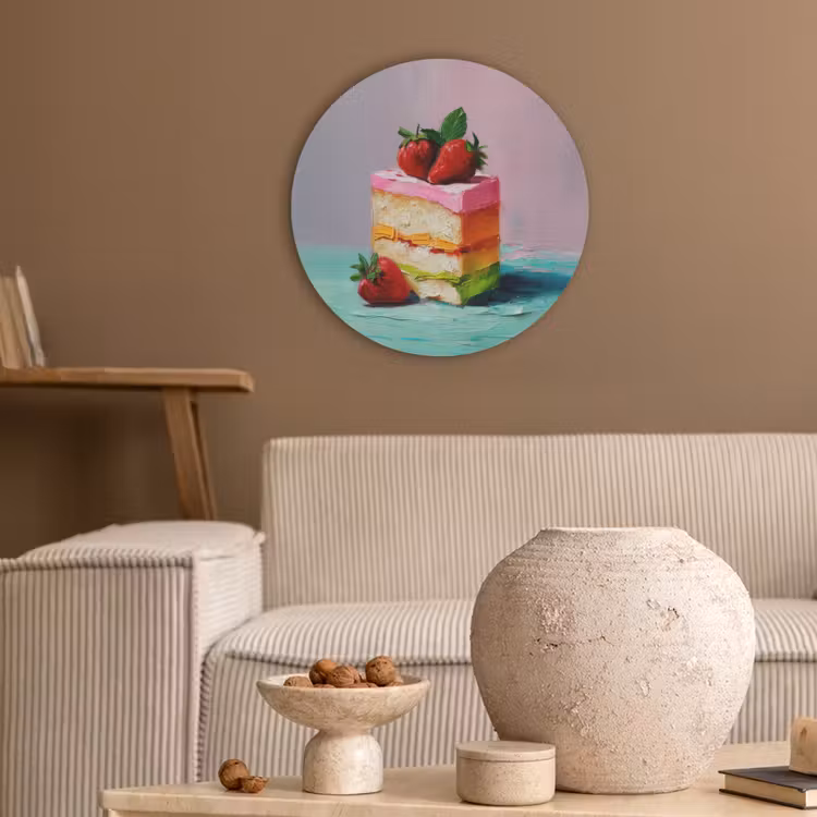 Taartje - Aardbeien - Glazuur - Kleurrijk Akoestische PET Vilt - Rond klein -sfeer1