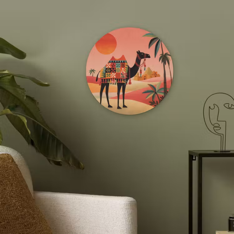 Kameel - Gekleurd tapijt - Duinen - Rode zon Akoestische PET Vilt - Rond klein -sfeer2