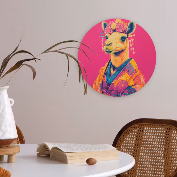 Kameel - Bloemen - Kimono - Waaiers Akoestische PET Vilt - Rond klein -sfeer3