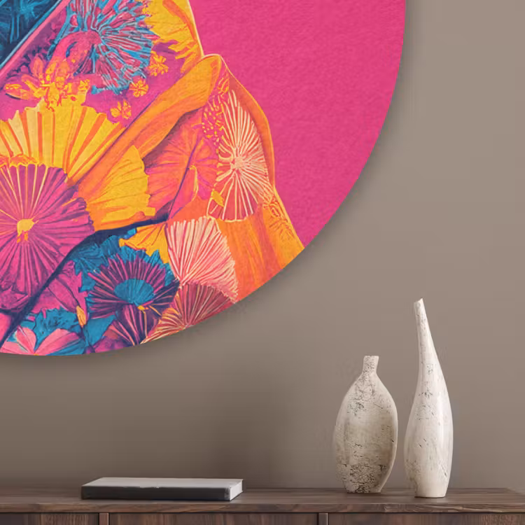 Kameel - Bloemen - Kimono - Waaiers Akoestische PET Vilt - Rond klein -sfeer5_closeup