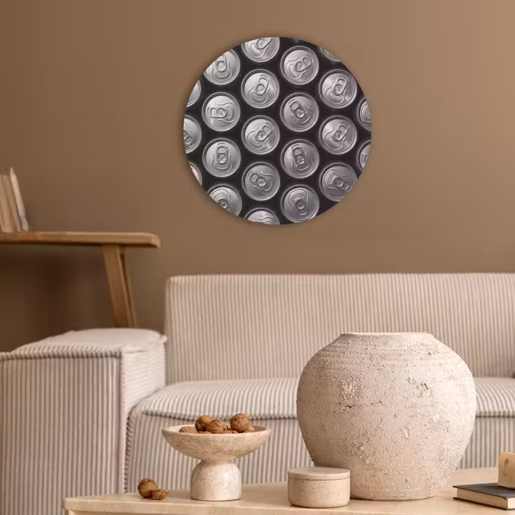 Blikjes - Aluminium - Patroon - Industrieel - Zilver Akoestische PET Vilt - Rond klein -sfeer1