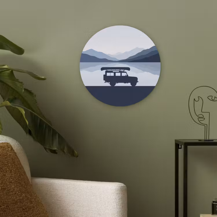 Auto - Meer - Bergen - Blauw Akoestische PET Vilt - Rond klein -sfeer2