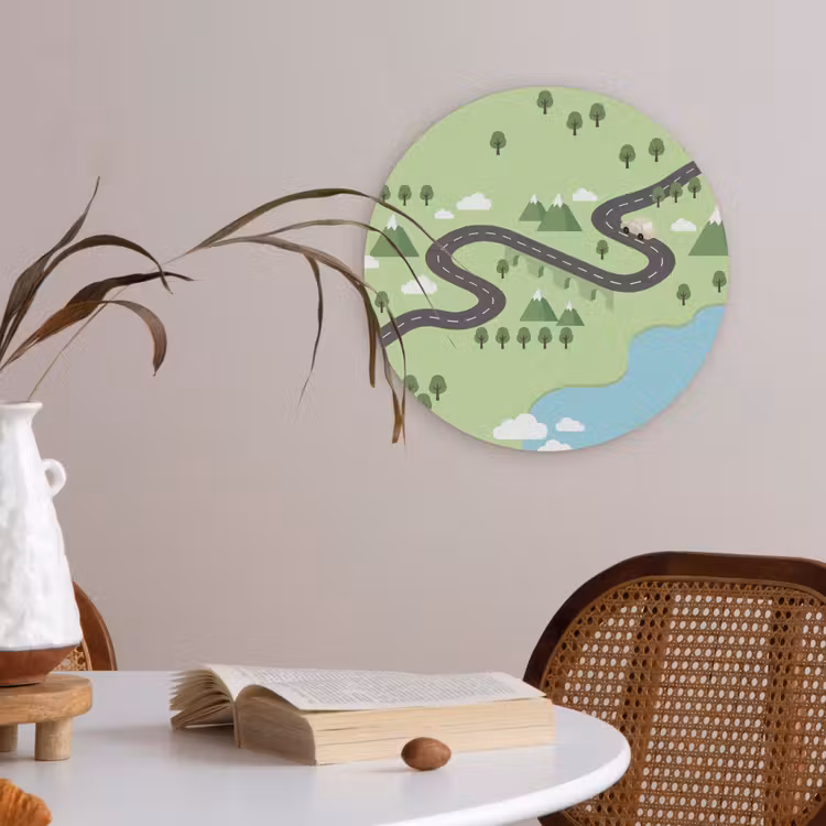 Auto - Bergweg - Natuur - Illustratie Akoestische PET Vilt - Rond klein -sfeer3
