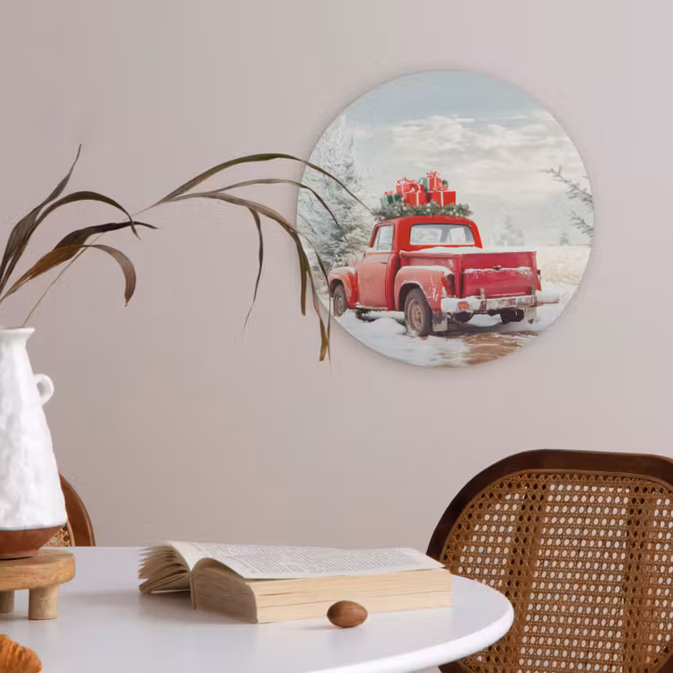 Auto - Rood - Cadeaus - Winter - Sneeuw - Kerst Akoestische PET Vilt - Rond klein -sfeer3