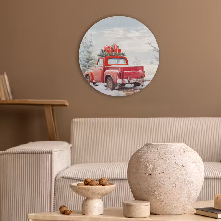 Auto - Rood - Cadeaus - Winter - Sneeuw - Kerst Akoestische PET Vilt - Rond klein -sfeer1