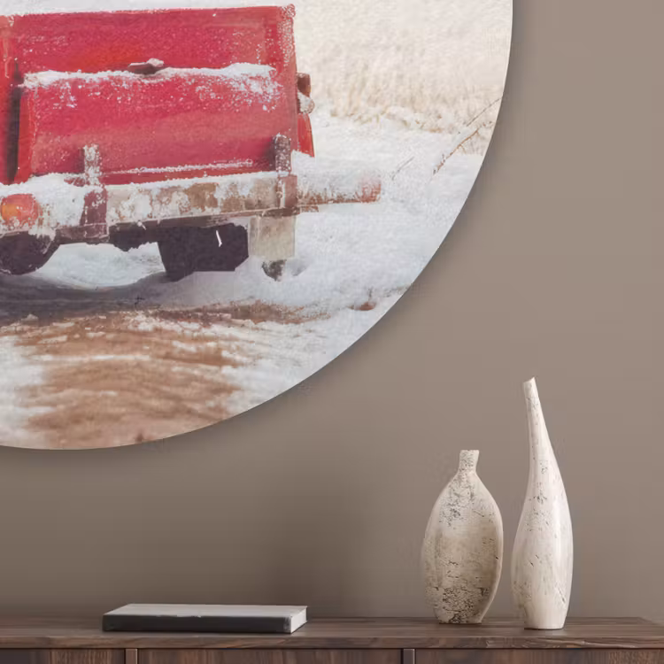 Auto - Rood - Cadeaus - Winter - Sneeuw - Kerst Akoestische PET Vilt - Rond klein -sfeer5_closeup