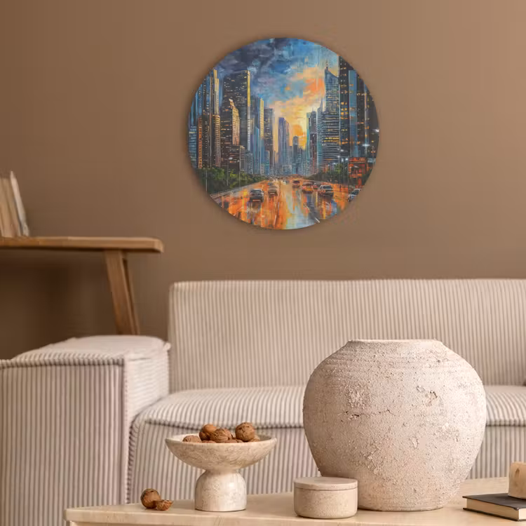 Auto - Skyline - Zon - Blauw Akoestische PET Vilt - Rond klein -sfeer1