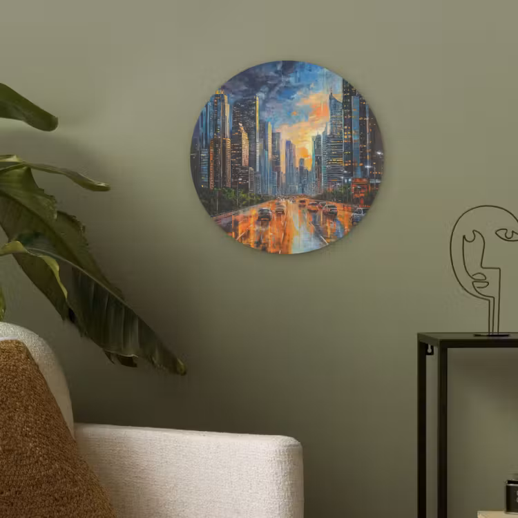 Auto - Skyline - Zon - Blauw Akoestische PET Vilt - Rond klein -sfeer2