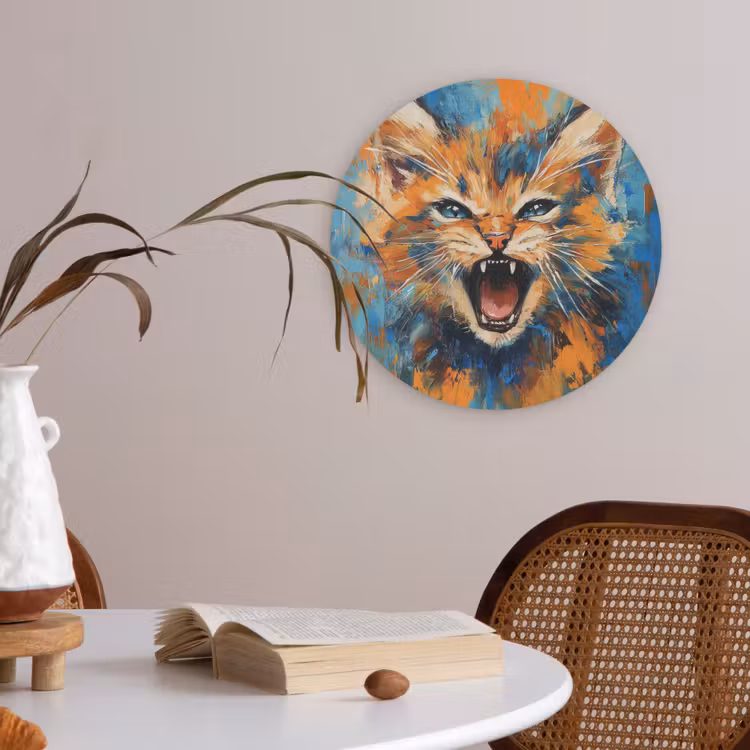 Kat - Kleurrijk - Oranje - Blauw Akoestische PET Vilt - Rond klein -sfeer3