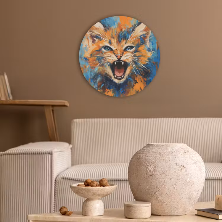 Kat - Kleurrijk - Oranje - Blauw Akoestische PET Vilt - Rond klein -sfeer1
