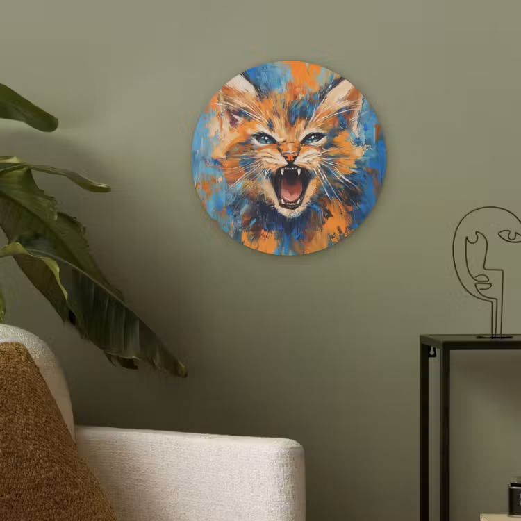 Kat - Kleurrijk - Oranje - Blauw Akoestische PET Vilt - Rond klein -sfeer2