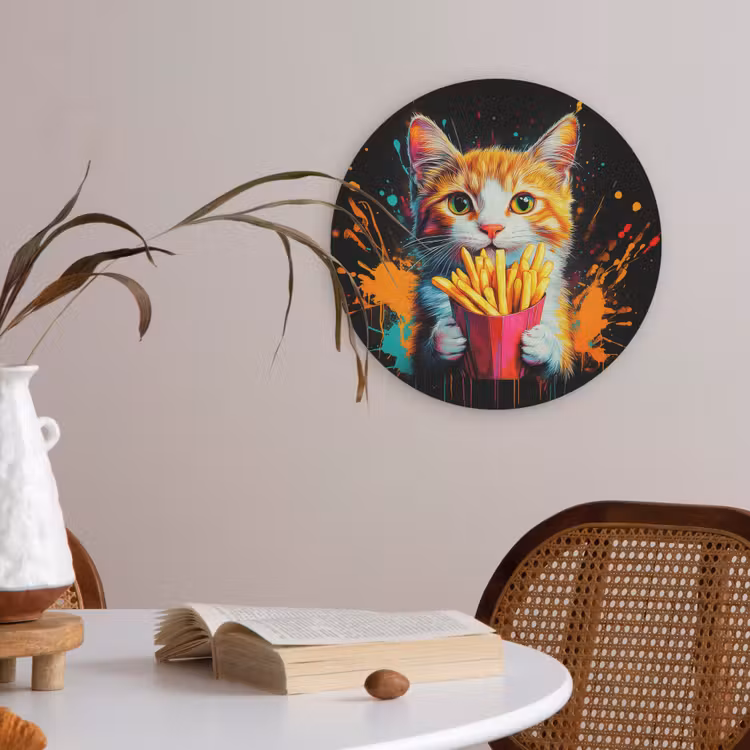 Kat - Eten - Patat - Graffiti - Abstract Akoestische PET Vilt - Rond klein -sfeer3