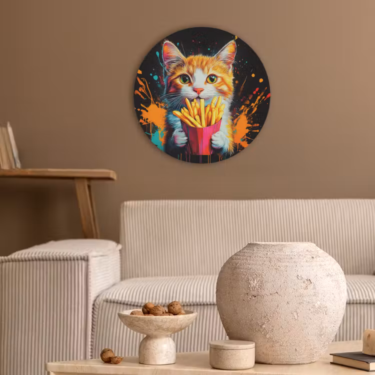 Kat - Eten - Patat - Graffiti - Abstract Akoestische PET Vilt - Rond klein -sfeer1