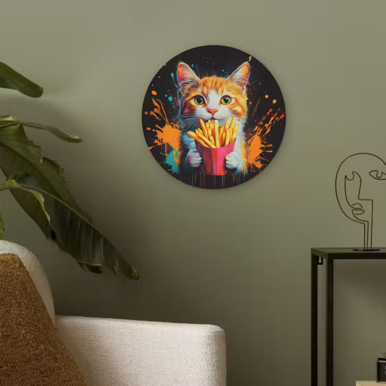 Kat - Eten - Patat - Graffiti - Abstract Akoestische PET Vilt - Rond klein -sfeer2