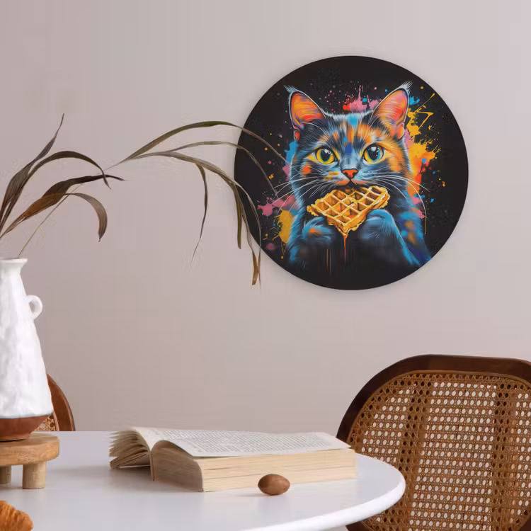 Kat - Graffiti - Kleurrijk - Wafel - Eten Akoestische PET Vilt - Rond klein -sfeer3