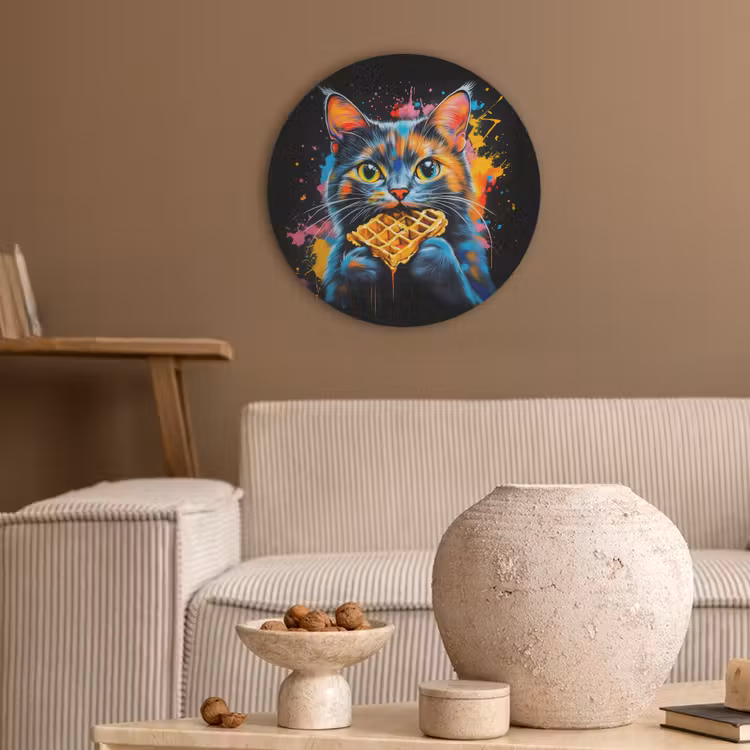 Kat - Graffiti - Kleurrijk - Wafel - Eten Akoestische PET Vilt - Rond klein -sfeer1