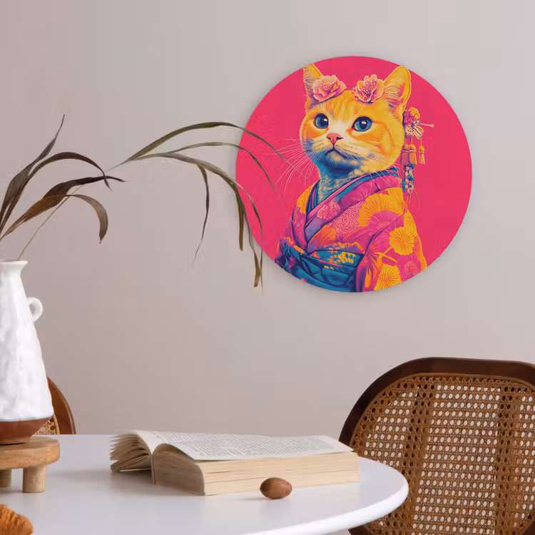 Kat - Kimono - Bloemen - Roze Akoestische PET Vilt - Rond klein -sfeer3