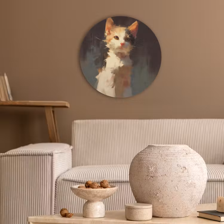 Kat - Geschilderd - Artistiek - Wit Akoestische PET Vilt - Rond klein -sfeer1