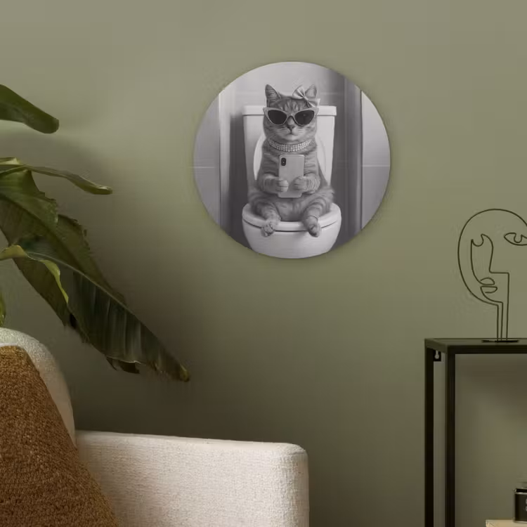 Kat - Telefoon - Toilet - Zwart - Wit Akoestische PET Vilt - Rond klein -sfeer2