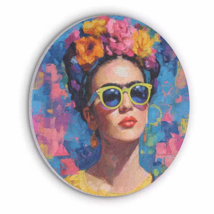 Vrolijk portret - Vrouw - Bloemenkroon Akoestische PET Vilt - Rond klein -3d