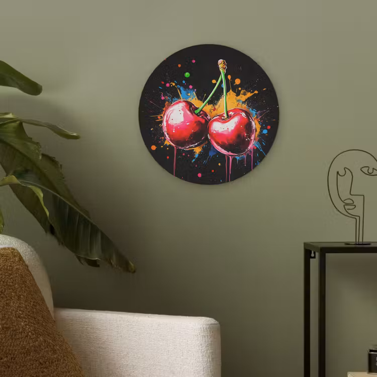 Kersen - Fruit - Graffiti - Verf - Abstract - Modern - Kleurrijk Akoestische PET Vilt - Rond klein -sfeer2
