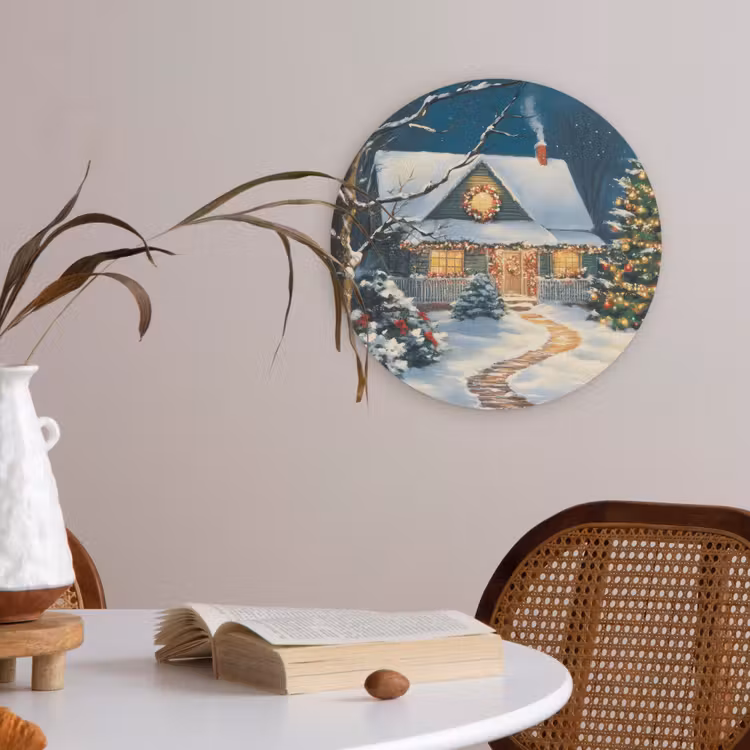 Kerst - Kerstboom - Winter - Huis - Sneeuw Akoestische PET Vilt - Rond klein -sfeer3