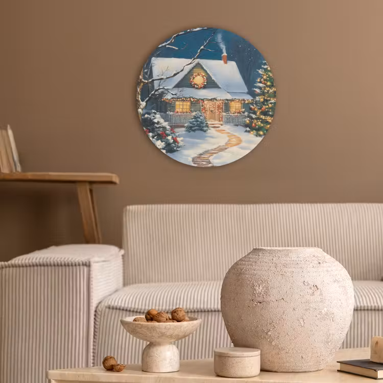 Kerst - Kerstboom - Winter - Huis - Sneeuw Akoestische PET Vilt - Rond klein -sfeer1