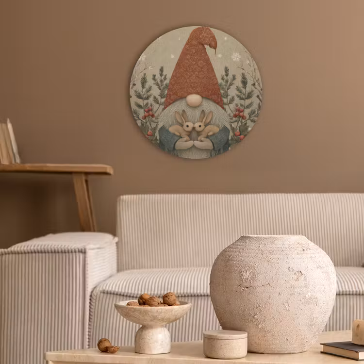 Kerstgnome - Konijntjes - Kleurrijk Akoestische PET Vilt - Rond klein -sfeer1