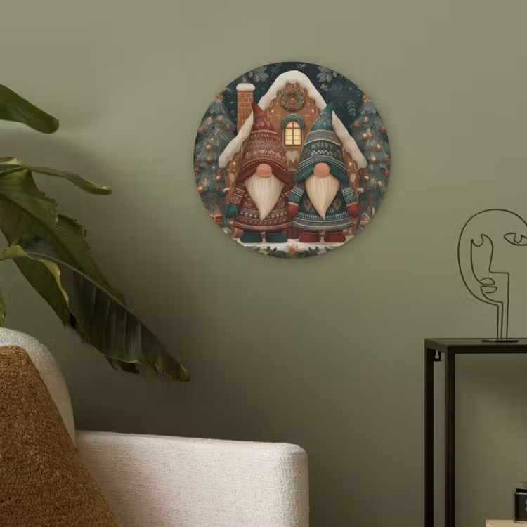 Kerst - Gnomen - Peperkoekhuisje - Rood - Groen Akoestische PET Vilt - Rond klein -sfeer2