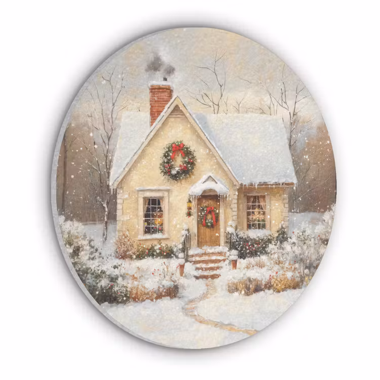 Kerst - Huis - Winter - Sneeuw Akoestische PET Vilt - Rond klein -3d