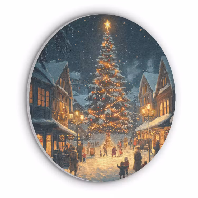 Kerstfeest - Dorp - Donker Akoestische PET Vilt - Rond klein -3d