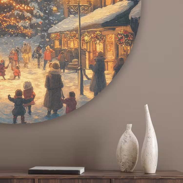 Kerstfeest - Dorp - Donker Akoestische PET Vilt - Rond klein -sfeer5_closeup