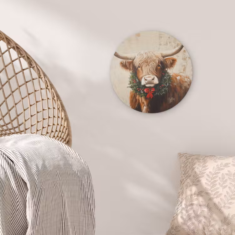 Kerst - Schotse Hooglander - Bruin - Krans Akoestische PET Vilt - Rond klein -sfeer4