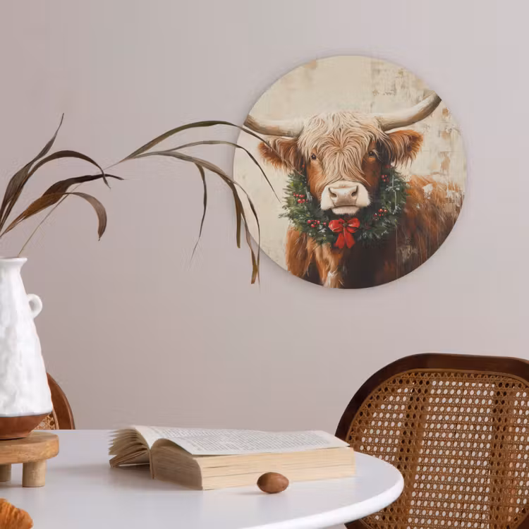 Kerst - Schotse Hooglander - Bruin - Krans Akoestische PET Vilt - Rond klein -sfeer3