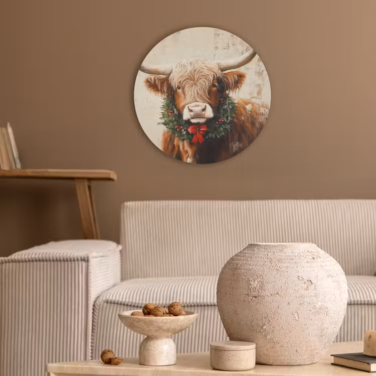 Kerst - Schotse Hooglander - Bruin - Krans Akoestische PET Vilt - Rond klein -sfeer1