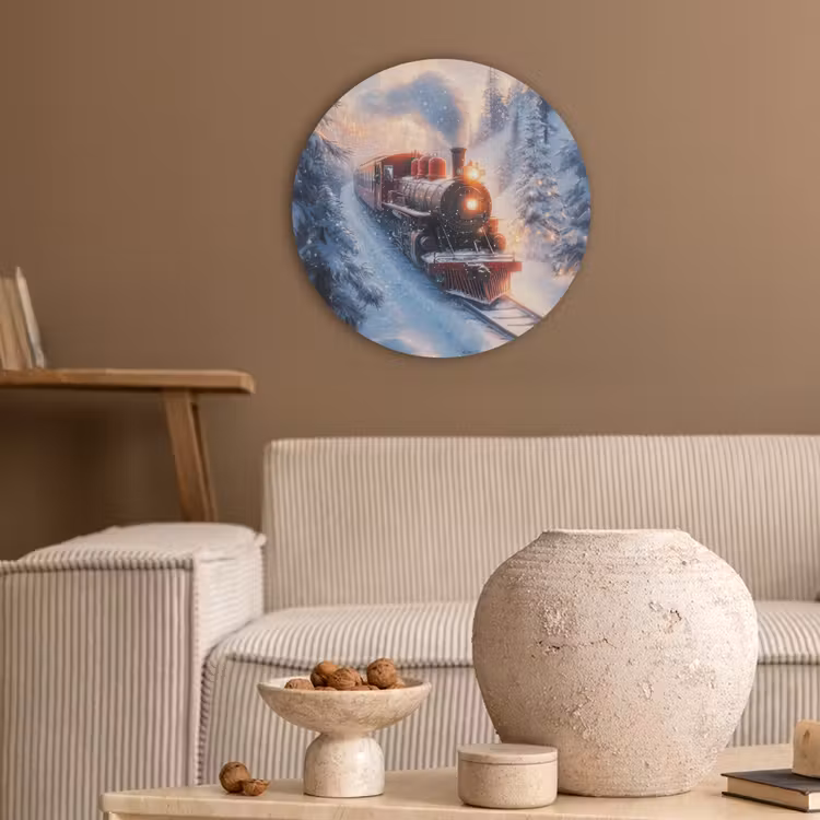 Kersttrein - Sneeuw - Winter - Kerst Akoestische PET Vilt - Rond klein -sfeer1