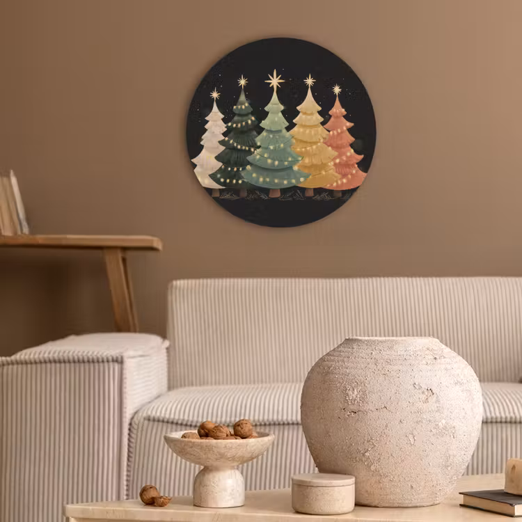 Kerstbomen - Kleurrijk - Lichtjes - Ster Akoestische PET Vilt - Rond klein -sfeer1