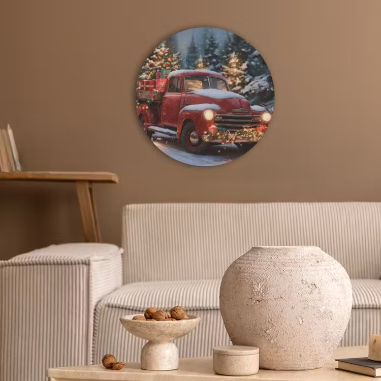 Kersttruck - Sneeuwbos - Rood Akoestische PET Vilt - Rond klein -sfeer1