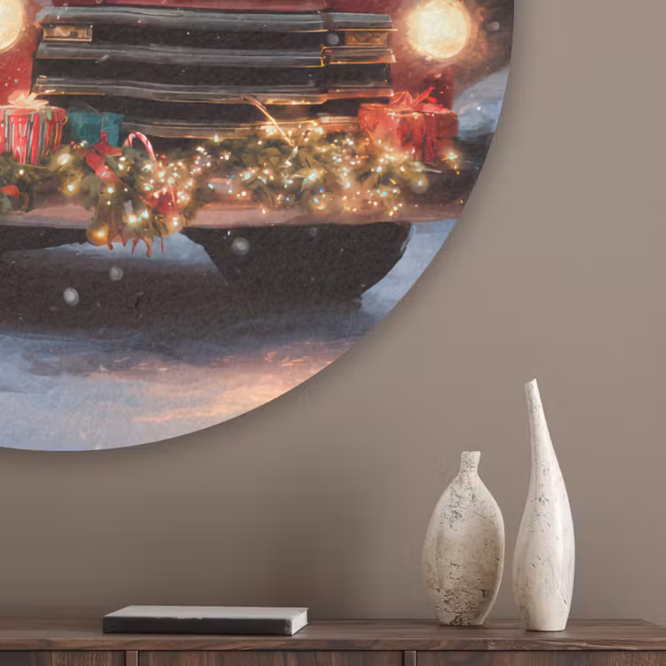 Kersttruck - Sneeuwbos - Rood Akoestische PET Vilt - Rond klein -sfeer5_closeup