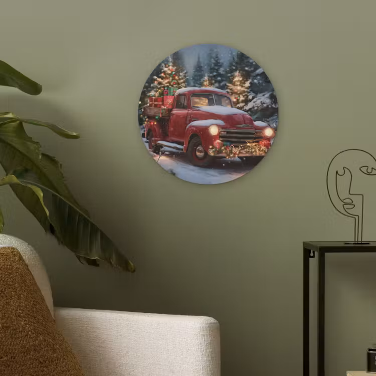 Kersttruck - Sneeuwbos - Rood Akoestische PET Vilt - Rond klein -sfeer2