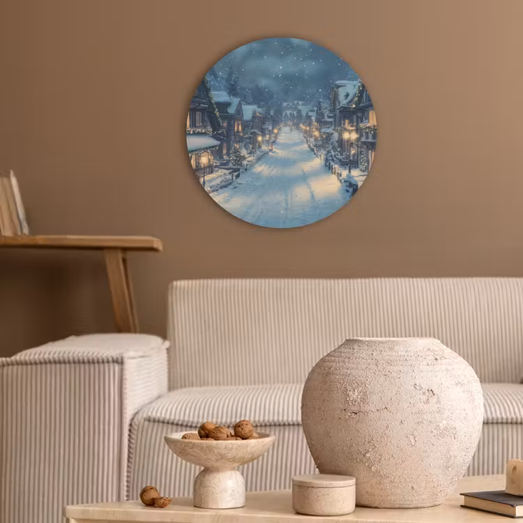 Kerstdorp - Kerst - Sneeuw - Winter Akoestische PET Vilt - Rond klein -sfeer1
