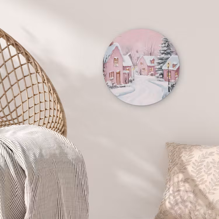 Kerstdorp - Roze - Winter - Sneeuw - Huizen Akoestische PET Vilt - Rond klein -sfeer4