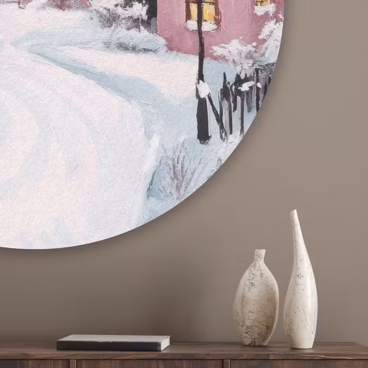 Kerstdorp - Roze - Winter - Sneeuw - Huizen Akoestische PET Vilt - Rond klein -sfeer5_closeup