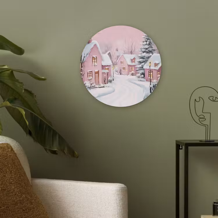 Kerstdorp - Roze - Winter - Sneeuw - Huizen Akoestische PET Vilt - Rond klein -sfeer2