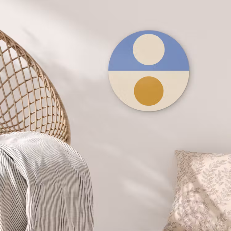 Cirkels - Symmetrisch - Wit - Blauw- Geel Akoestische PET Vilt - Rond klein -sfeer4