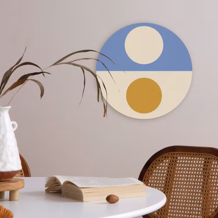 Cirkels - Symmetrisch - Wit - Blauw- Geel Akoestische PET Vilt - Rond klein -sfeer3